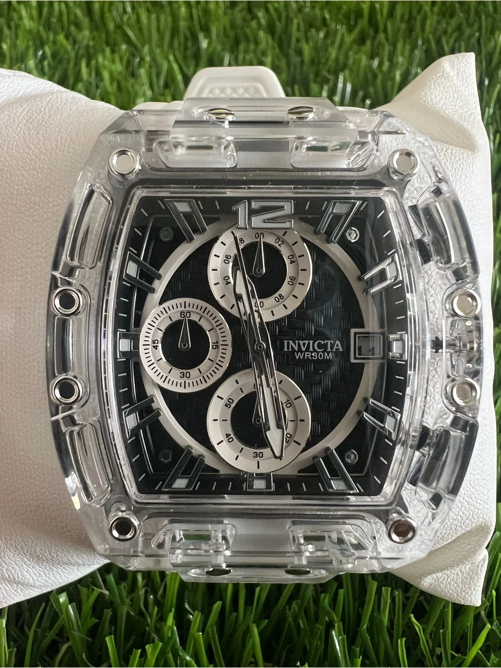 Invicta Clear Case Watch with Black Dial and Silver Accents